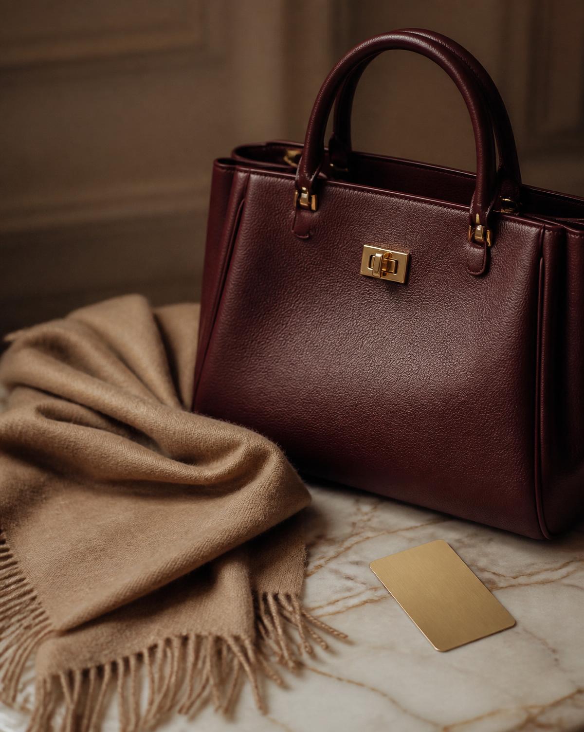 A burgundy leather bag, camel cashmere scarf and a gold member card