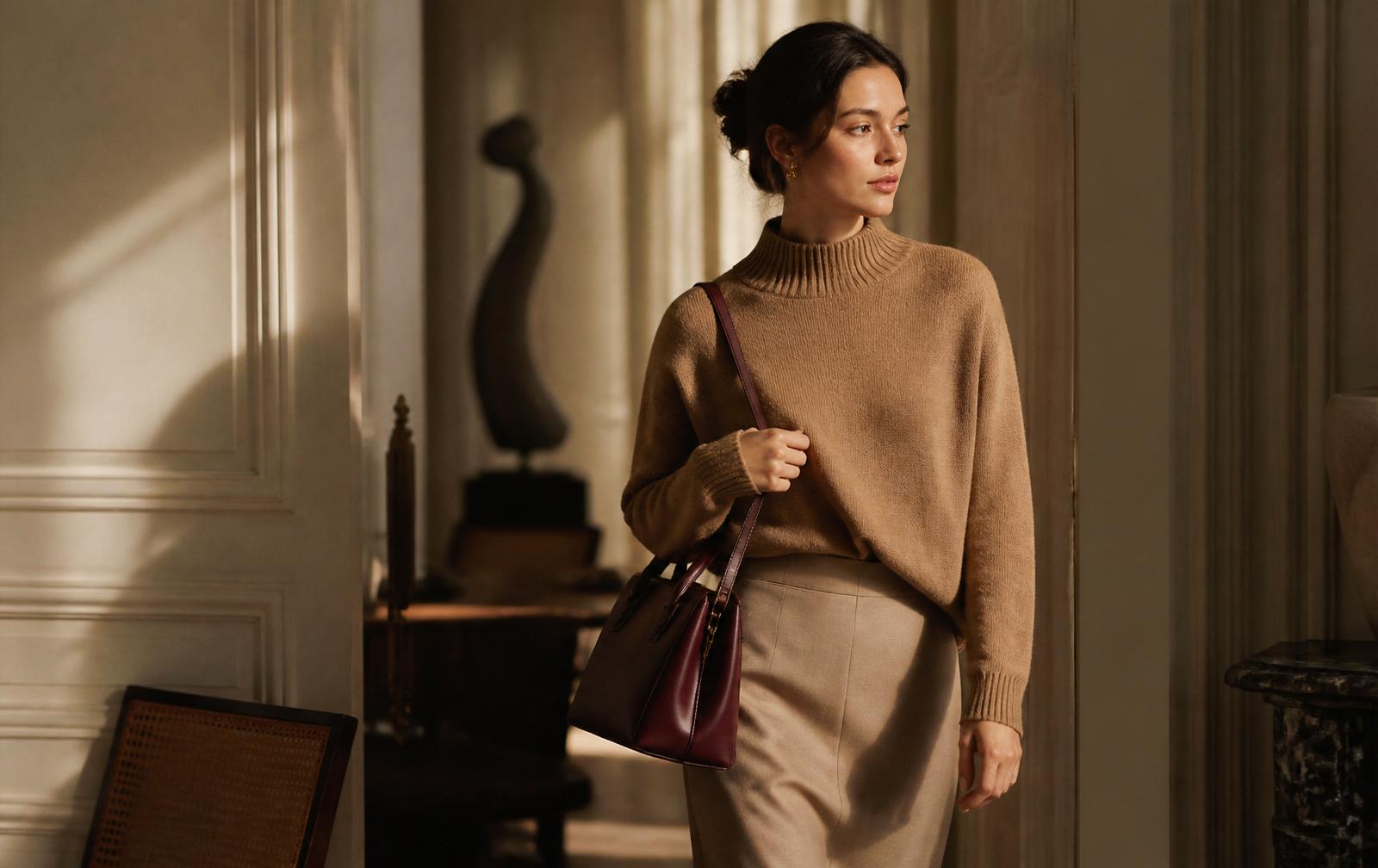 A woman in cashmere carrying a burgundy leather bag through a warm interior
