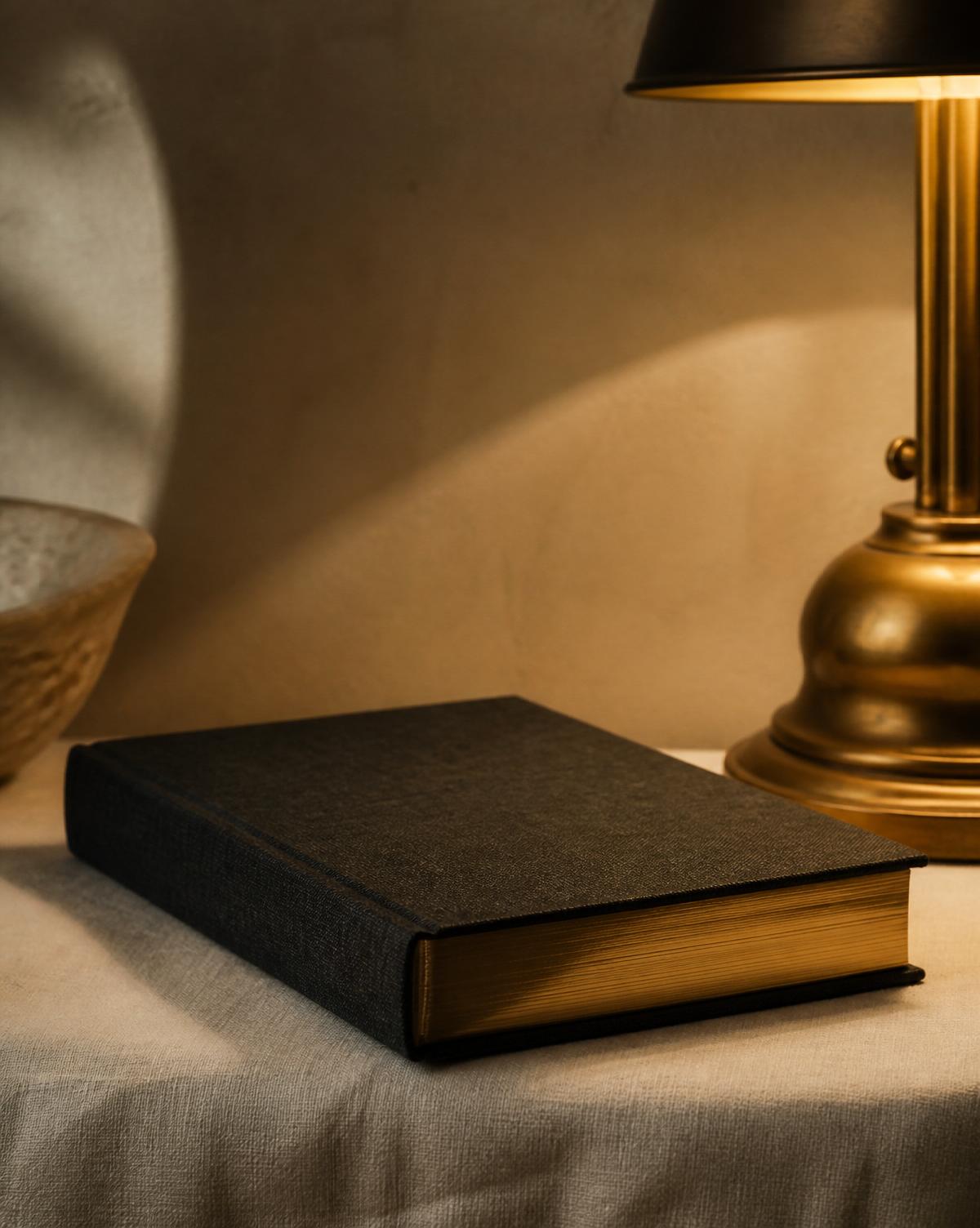 A cloth-bound volume with gold-edged pages beside a brass lamp