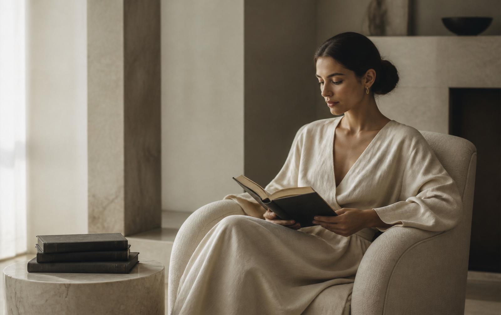 A woman reading in a calm, light-filled room